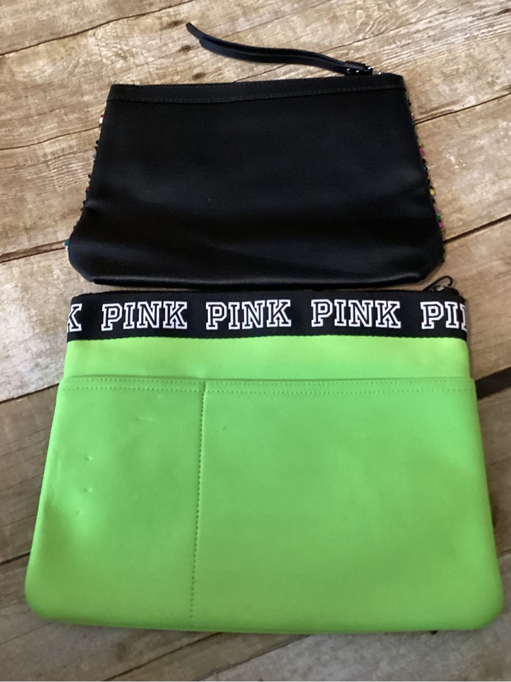 PINK Victoria's Secret Lime Green Neoprene Pouch with Multicolor Sequin Wristlet - Picture 2 of 2